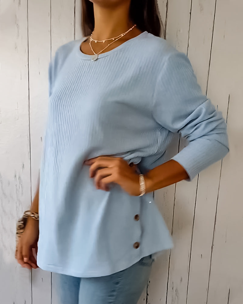 Gebreide Blouse met Ronde Hals en Lange Mouwen en knopen Blauw