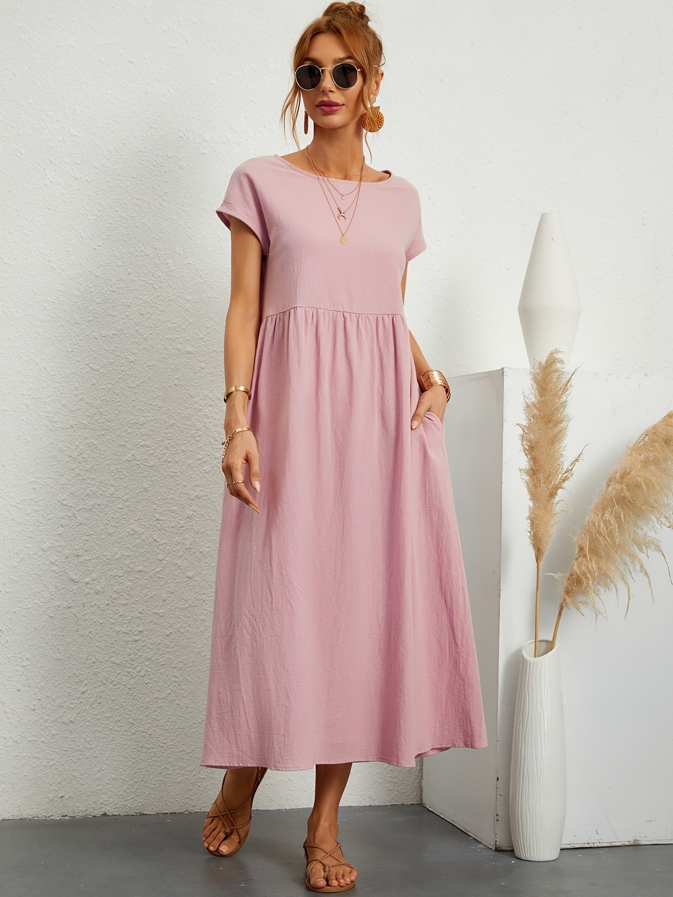 Elegante & Comfortabele Jurk met Losse Zakken voorjaar zomer Roze