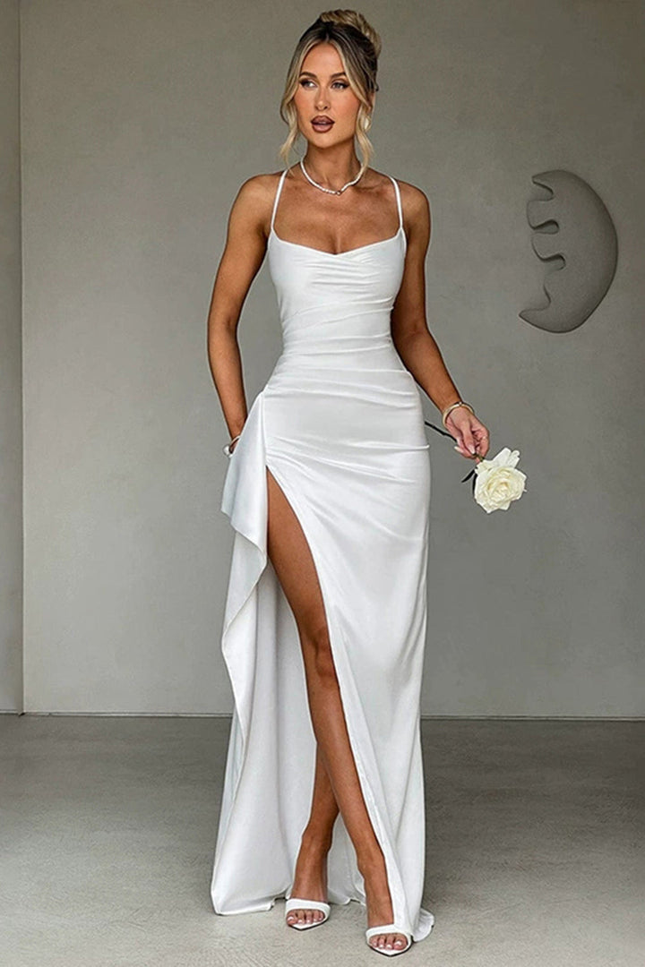Elegante Maxi Jurk met Spaghettibandjes en Hoge Split
