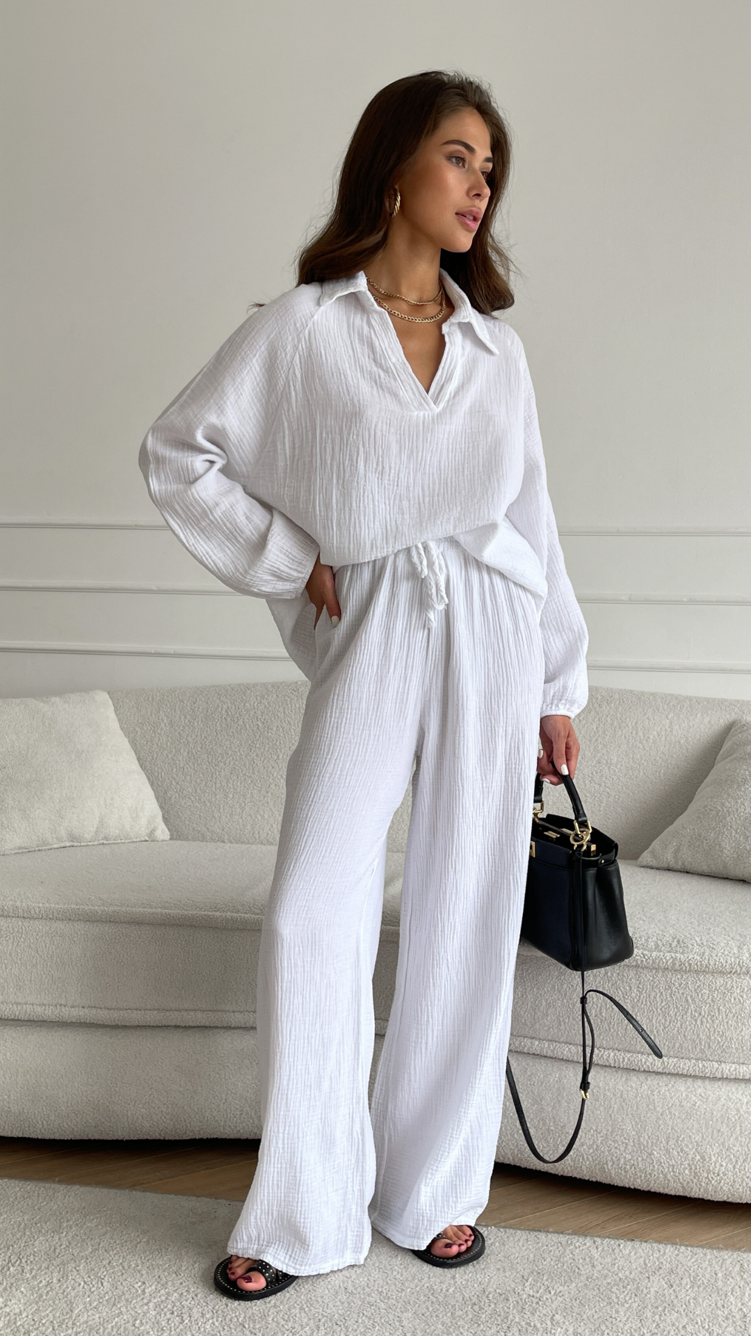 comfortabele linnen 2-delige set loungeset vrijetijds set kleding vrouwen dames strankleding relaxkleding blouse broek oversized vakantiekleding