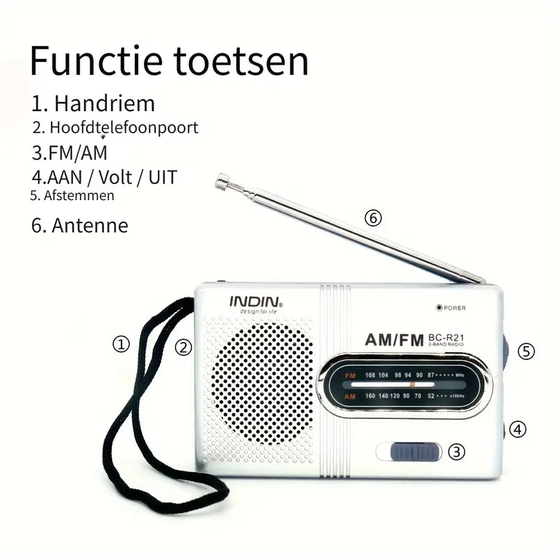 Compacte AM/FM Radio - Draagbaar met Stereo Luidspreker en Koptelefoonaansluiting Met telescopische antenne, batterij-aangedreven