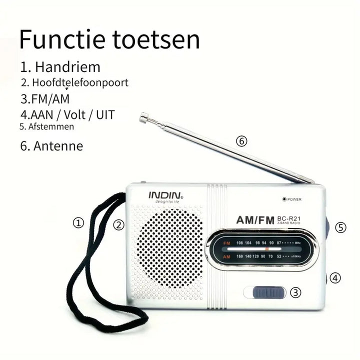 Compacte AM/FM Radio - Draagbaar met Stereo Luidspreker en Koptelefoonaansluiting Met telescopische antenne, batterij-aangedreven