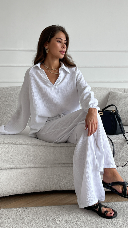 comfortabele linnen 2-delige set loungeset vrijetijds set kleding vrouwen dames strankleding relaxkleding blouse broek oversized vakantiekleding