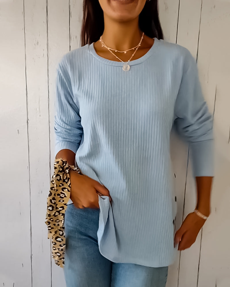 Gebreide Blouse met Ronde Hals en Lange Mouwen en knopen Blauw