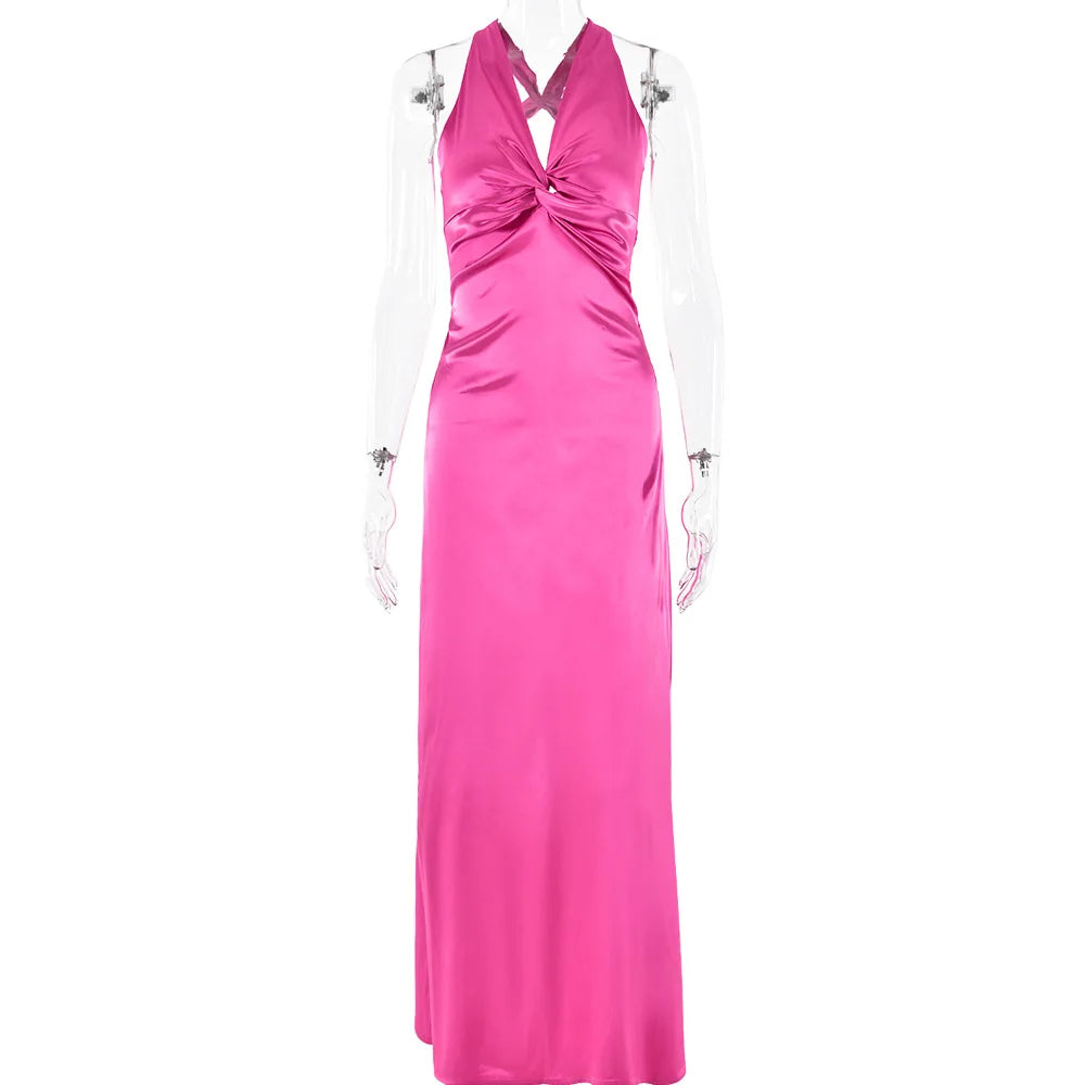 Sexy Satijnen Maxi Jurk met Open Rug en Strikdetail