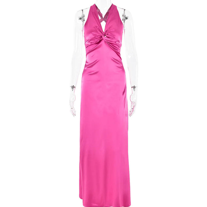 Sexy Satijnen Maxi Jurk met Open Rug en Strikdetail