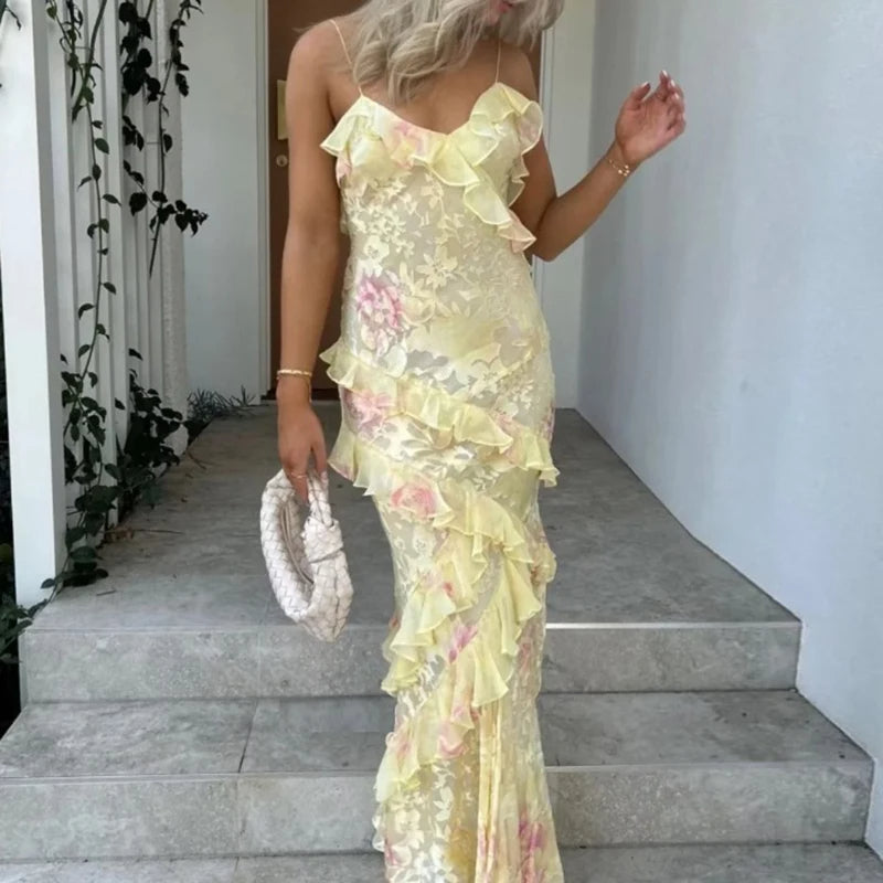 Kleurrijke Boho Maxi-Jurk met Ruffles en V-Hals