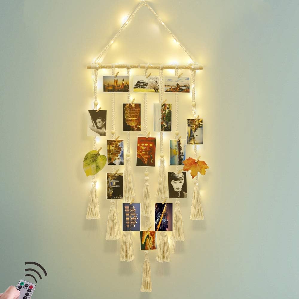 Homecor Macrame Foto Display met 30 Clips | Boho Muurdecoratie met Lichten - Foto Collage Bord voor Kamer & Feestdagen
