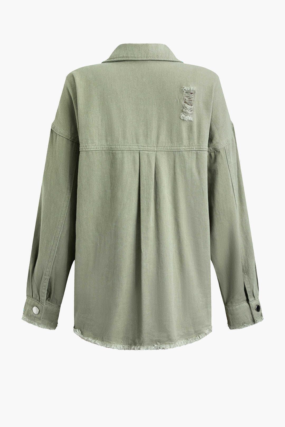 Model draagt licht groen denim jas gescheurd zomerjas spijkerjas dames oversized losse jas