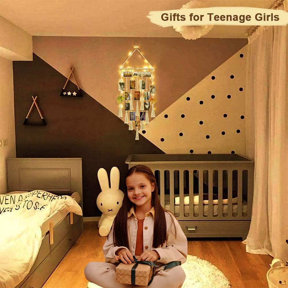 Homecor Macrame Foto Display met 30 Clips | Boho Muurdecoratie met Lichten - Foto Collage Bord voor Kamer & Feestdagen