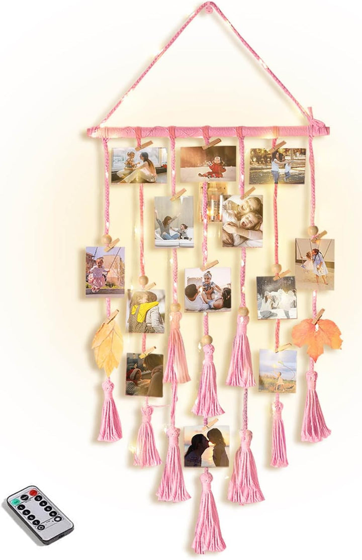 Homecor Macrame Foto Display met 30 Clips | Boho Muurdecoratie met Lichten - Foto Collage Bord voor Kamer & Feestdagen