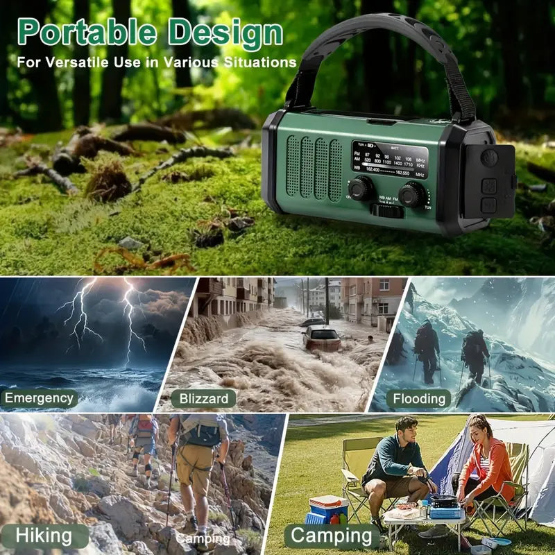 SurvivorPro Noodradio 10.000mAh – Zonne- & Handmatig Opladen, Weerradio, Zaklamp, SOS Alarm & Telefoonlader