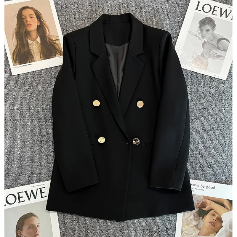 Lange Dames Blazer met Gouden Knopen & Dubbele Sluiting damespak kantoorpak vrouwenpak 