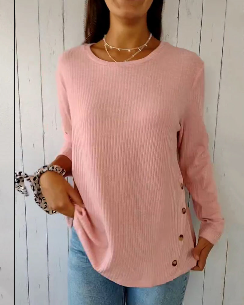 Gebreide Blouse met Ronde Hals en Lange Mouwen en knopen roze