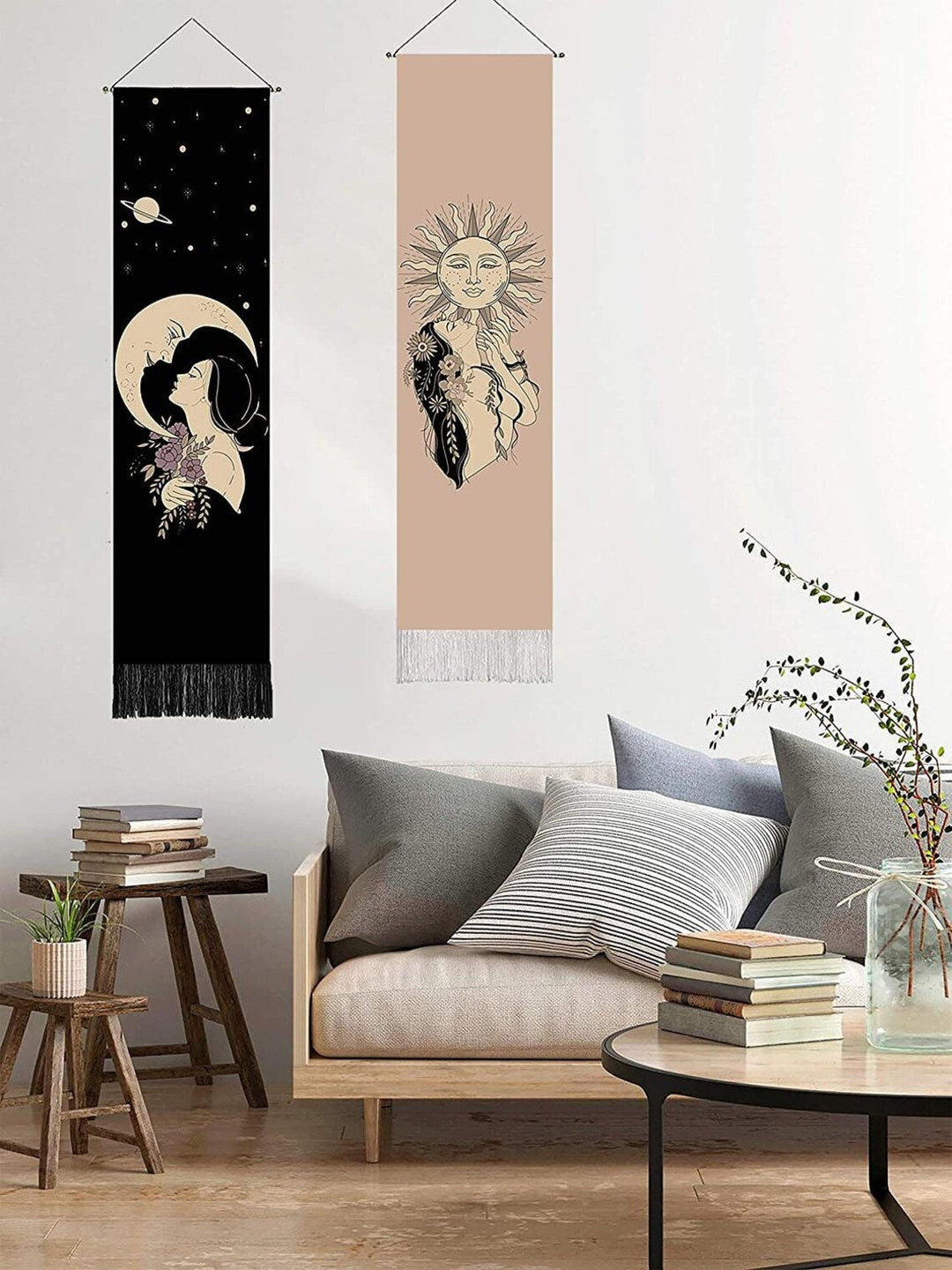 Bohemian Zon & Maan Wandtapijt Set (2 stuks) - Boho Decoratie voor Thuis