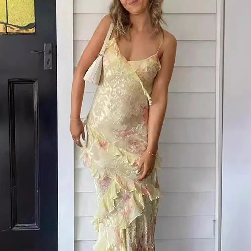 Kleurrijke Boho Maxi-Jurk met Ruffles en V-Hals