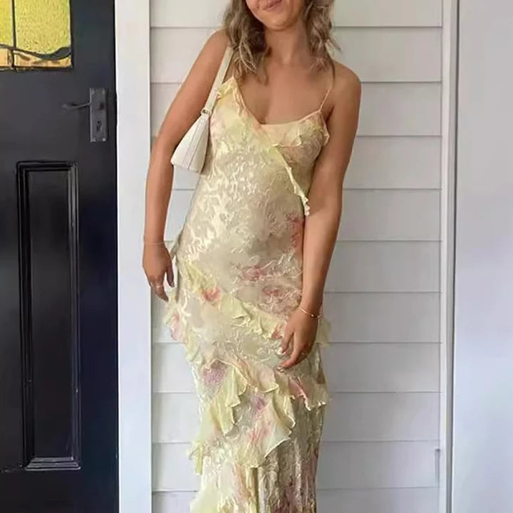 Kleurrijke Boho Maxi-Jurk met Ruffles en V-Hals