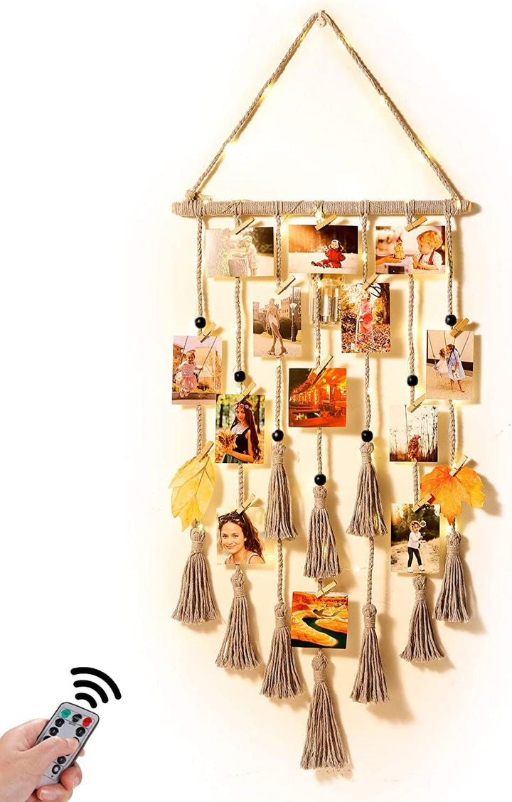 Homecor Macrame Foto Display met 30 Clips | Boho Muurdecoratie met Lichten - Foto Collage Bord voor Kamer & Feestdagen