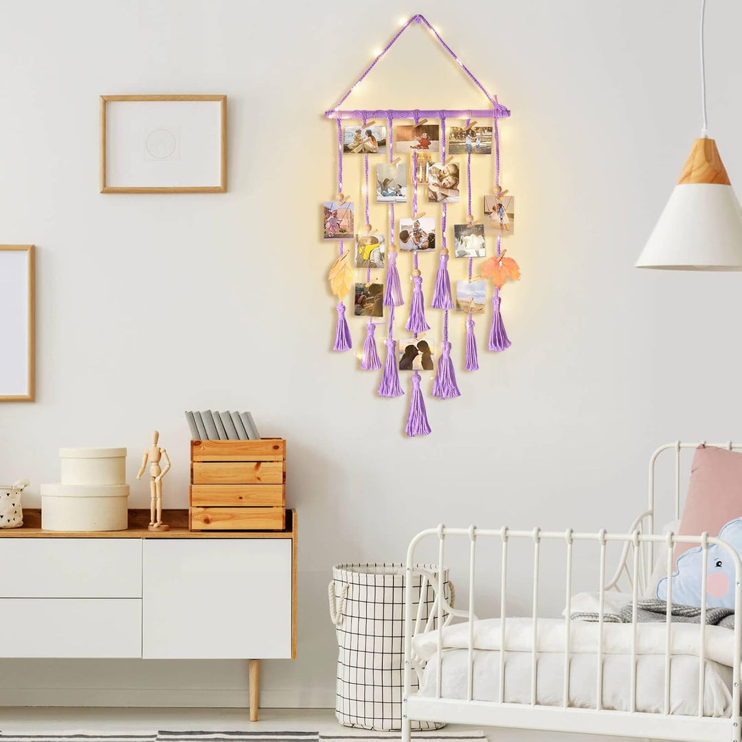 Homecor Macrame Foto Display met 30 Clips | Boho Muurdecoratie met Lichten - Foto Collage Bord voor Kamer & Feestdagen