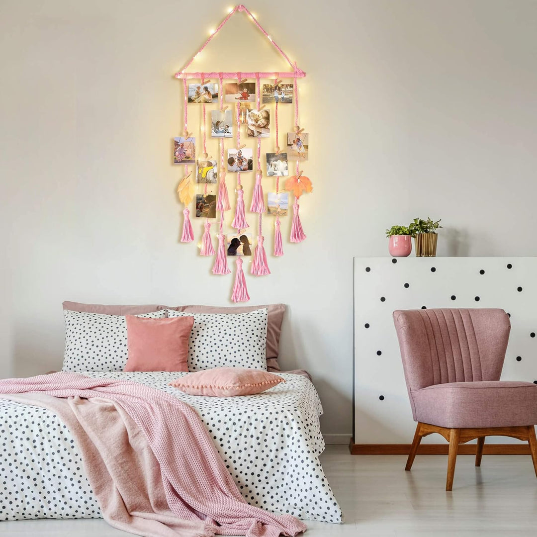 Homecor Macrame Foto Display met 30 Clips | Boho Muurdecoratie met Lichten - Foto Collage Bord voor Kamer & Feestdagen