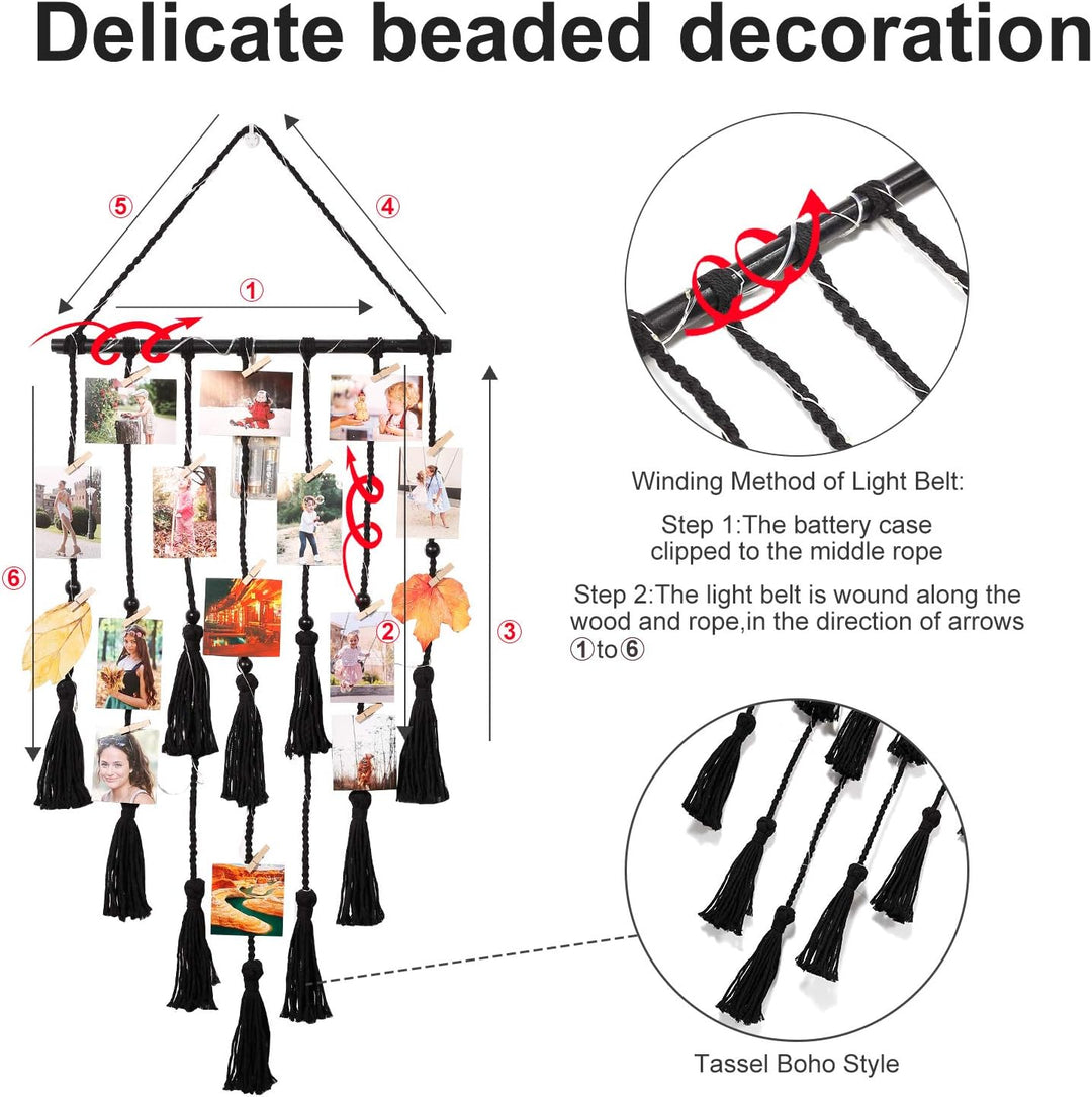 Homecor Macrame Foto Display met 30 Clips | Boho Muurdecoratie met Lichten - Foto Collage Bord voor Kamer & Feestdagen