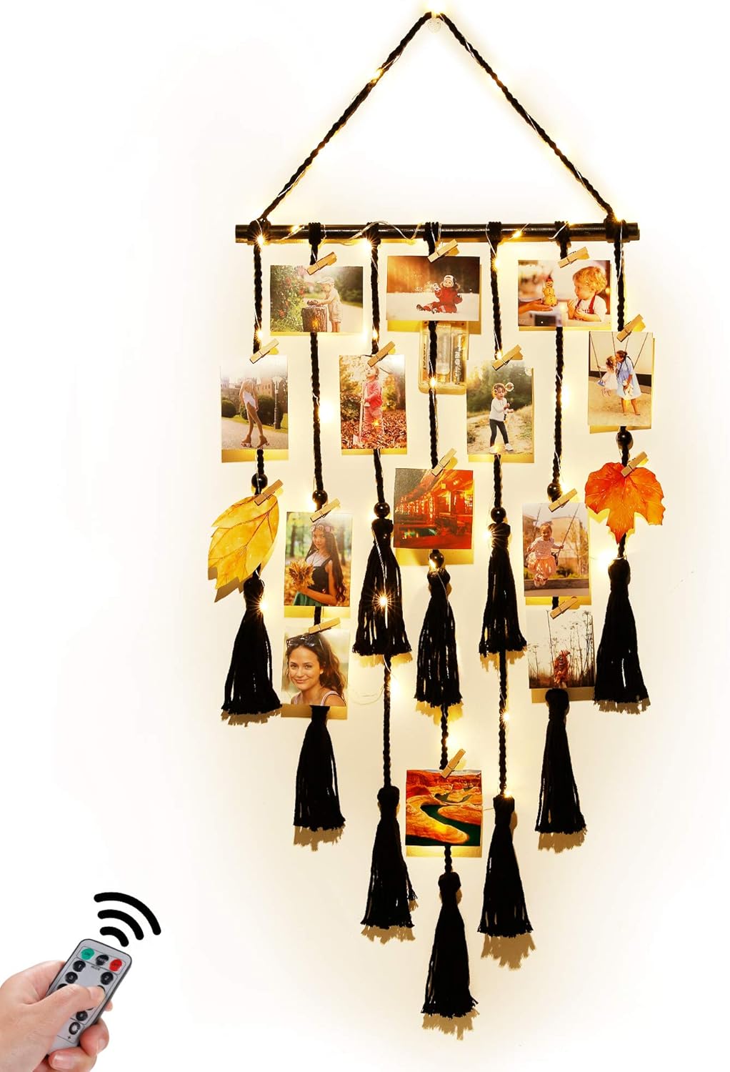 Homecor Macrame Foto Display met 30 Clips | Boho Muurdecoratie met Lichten - Foto Collage Bord voor Kamer & Feestdagen