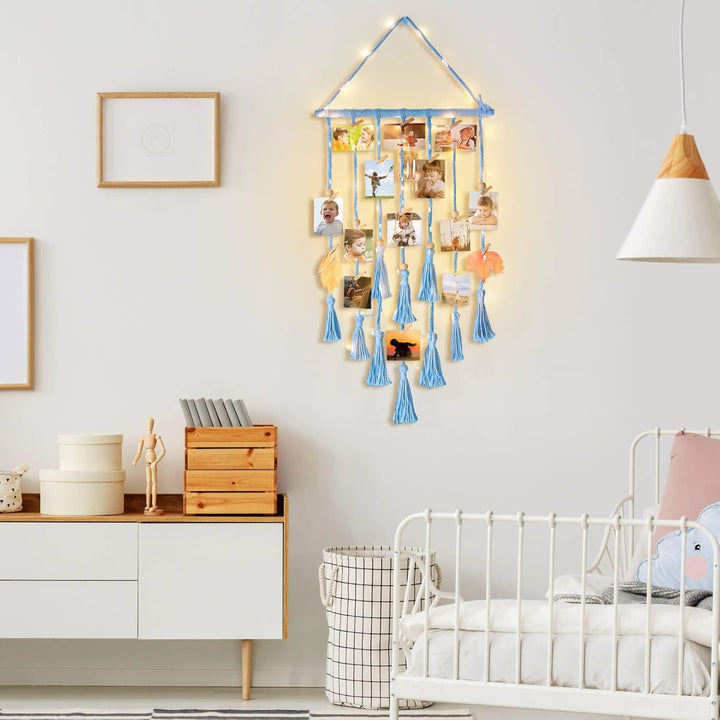 Homecor Macrame Foto Display met 30 Clips | Boho Muurdecoratie met Lichten - Foto Collage Bord voor Kamer & Feestdagen