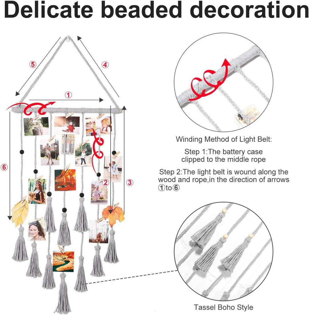 Homecor Macrame Foto Display met 30 Clips | Boho Muurdecoratie met Lichten - Foto Collage Bord voor Kamer & Feestdagen