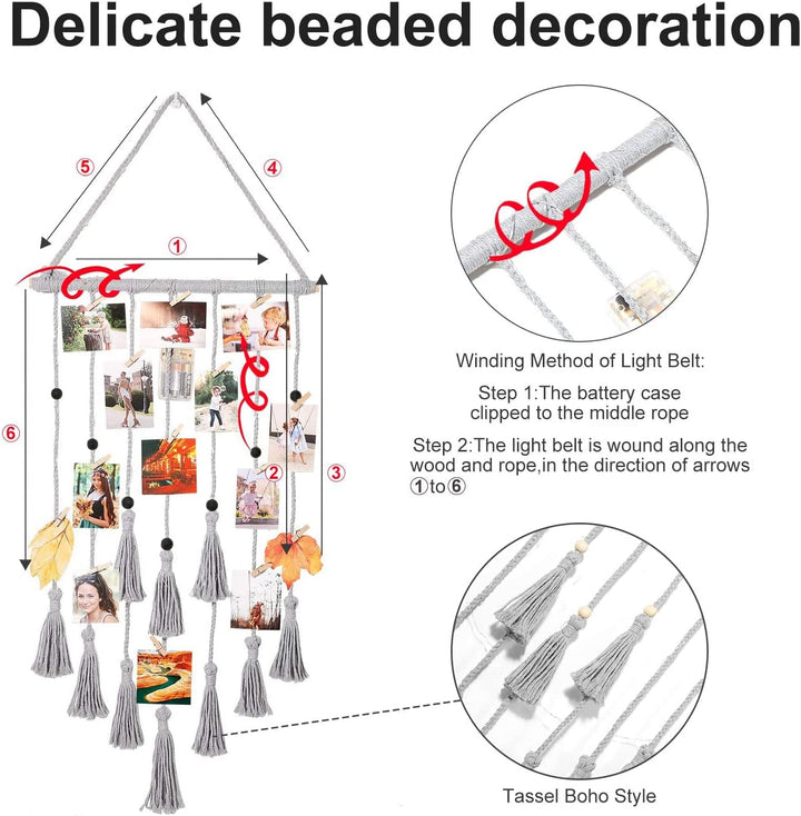 Homecor Macrame Foto Display met 30 Clips | Boho Muurdecoratie met Lichten - Foto Collage Bord voor Kamer & Feestdagen