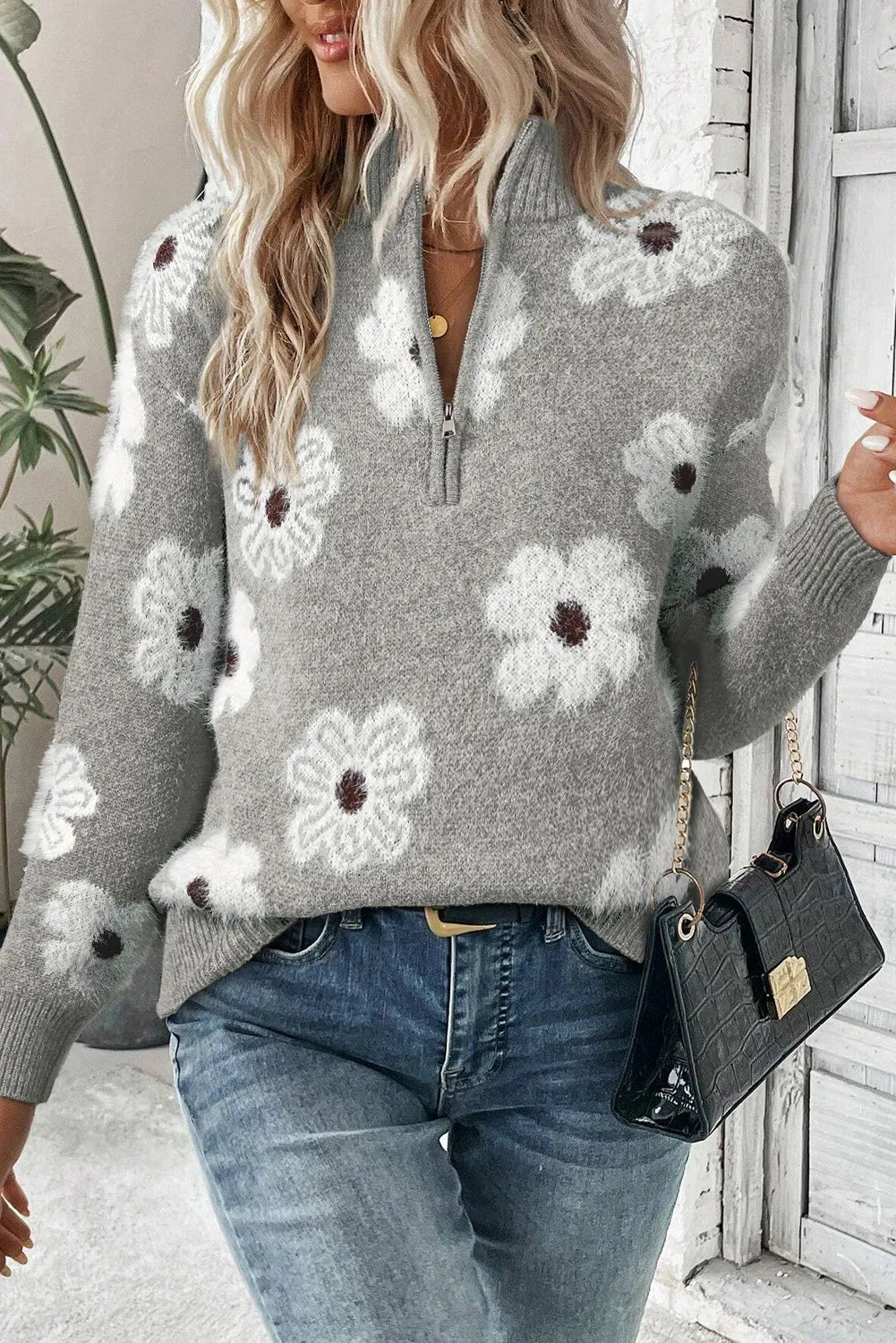 Gebloemde Sweater Met Halve Rits Voor Dames