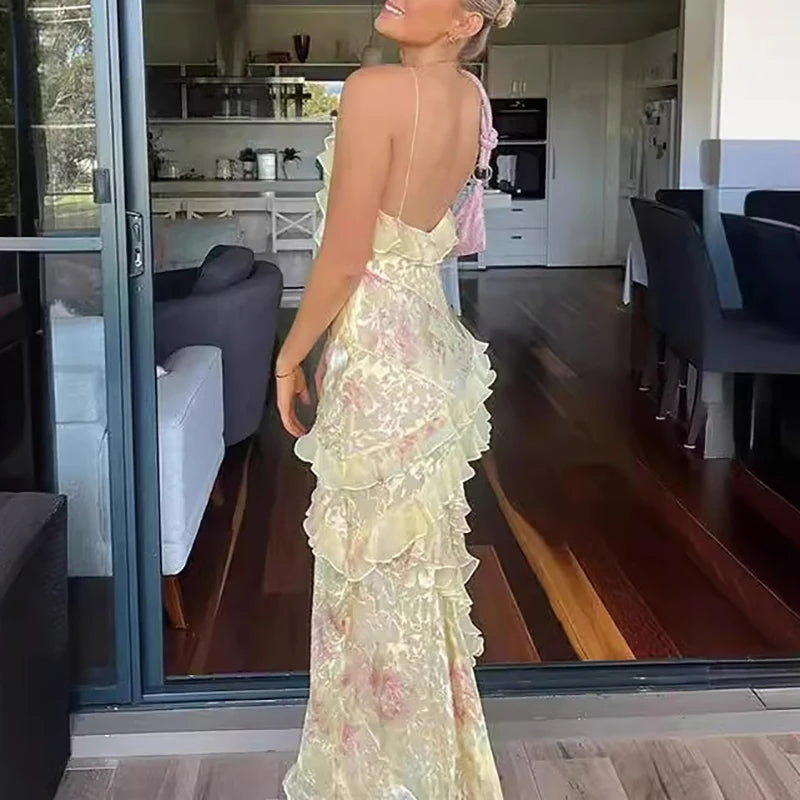 Kleurrijke Boho Maxi-Jurk met Ruffles en V-Hals