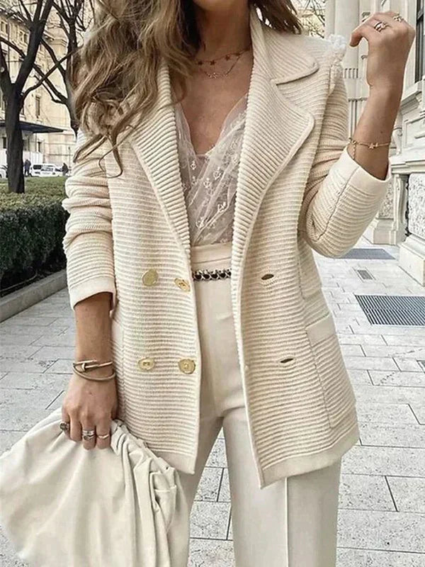 Elegante Beige Blazer Dames Met goude knopen voor de lente strepen