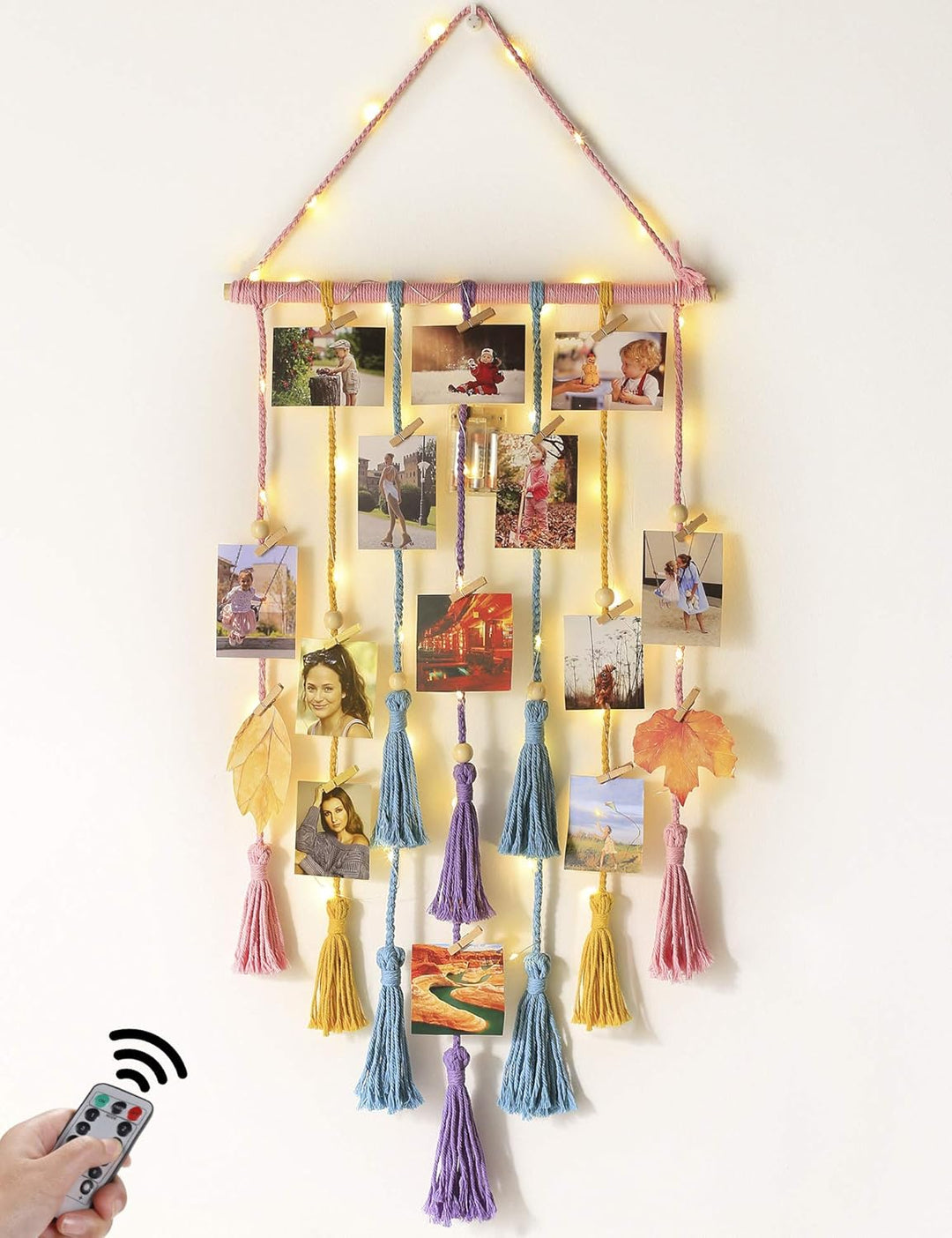 Homecor Macrame Foto Display met 30 Clips | Boho Muurdecoratie met Lichten - Foto Collage Bord voor Kamer & Feestdagen