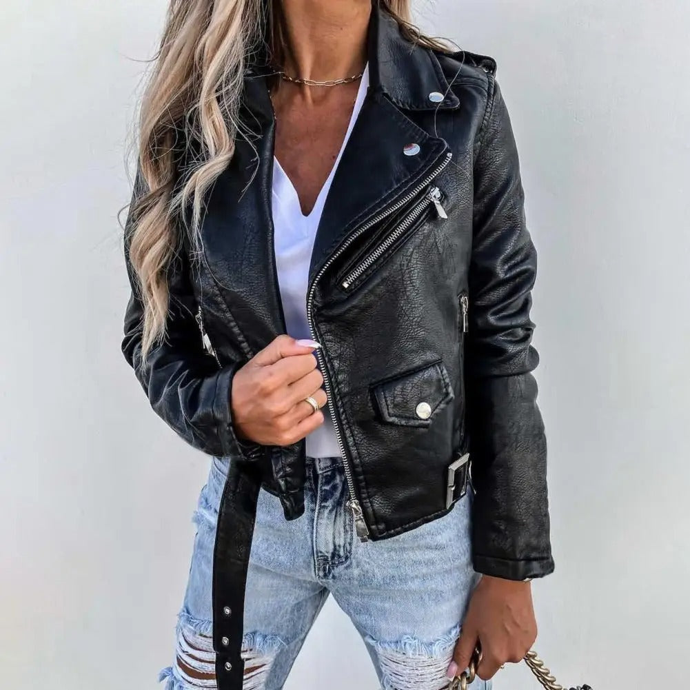 chique leren zomerjasje met knopen ritssluiting en een riem elegant comfortabel zomer jacket biker jacket dames vrouwen