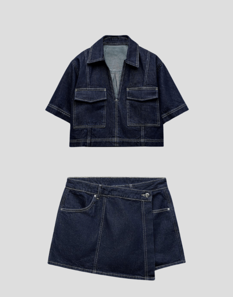 Tweedelige denimset met top en rok
