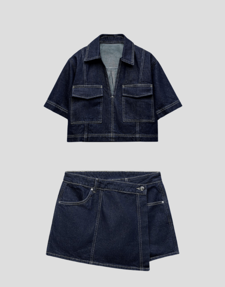 Tweedelige denimset met top en rok