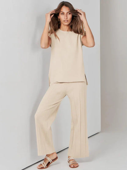 2-delige comfortabele vrouwen set elegant pyjama chique top en broek wijde pijpen korte mouwen abrikoos