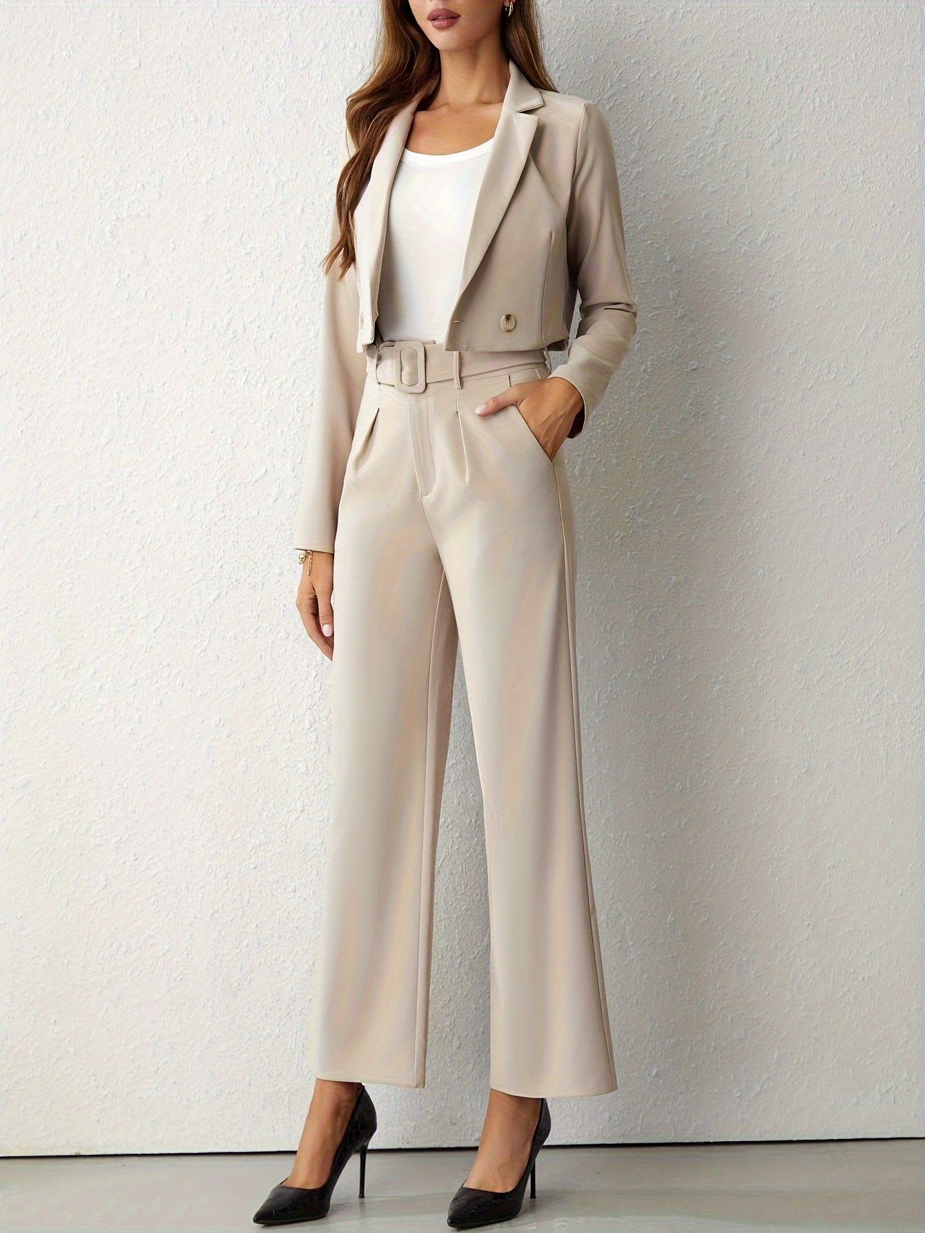  2-delige set blazer & broek met hoge taille & wijde pijpen chique vrouwenpak vrouwenkleding broek riem cropped jasje blazer beige