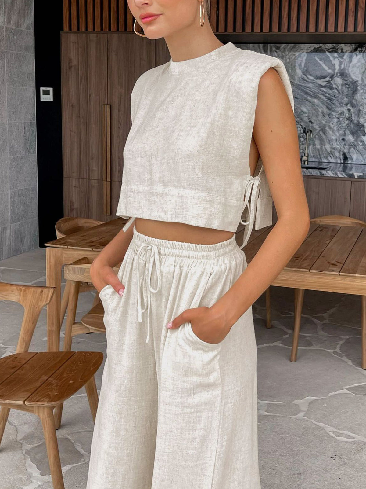 2-delige zomerse linnen set oversize zomerset strandkleding loungeset dames vrouwen d broek met hoge taille pasvorm cropped shirt zonder mouwen elegant chique comfortabel