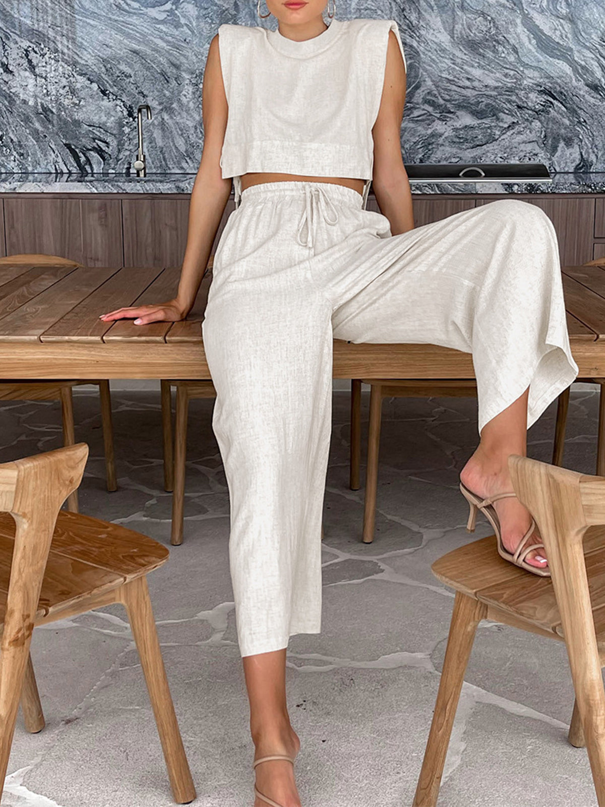 2-delige zomerse linnen set oversize zomerset strandkleding loungeset dames vrouwen d broek met hoge taille pasvorm cropped shirt zonder mouwen elegant chique comfortabel