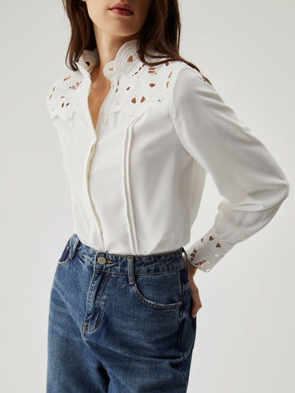 witte dames blouse met knopen en figuren zomer elegant chique voorjaar wit damesblouse 