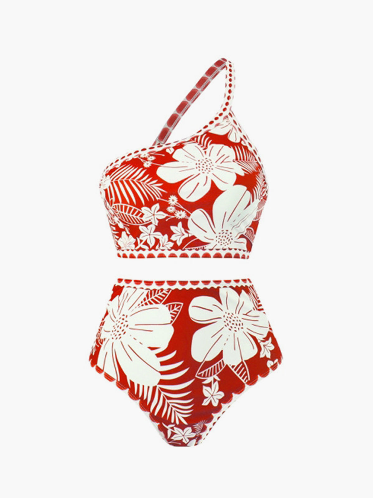 Deze trendy bikini combineert een elegante one shoulder top met een flatterende hoge taille slip, versierd met een prachtige bloemenprint.