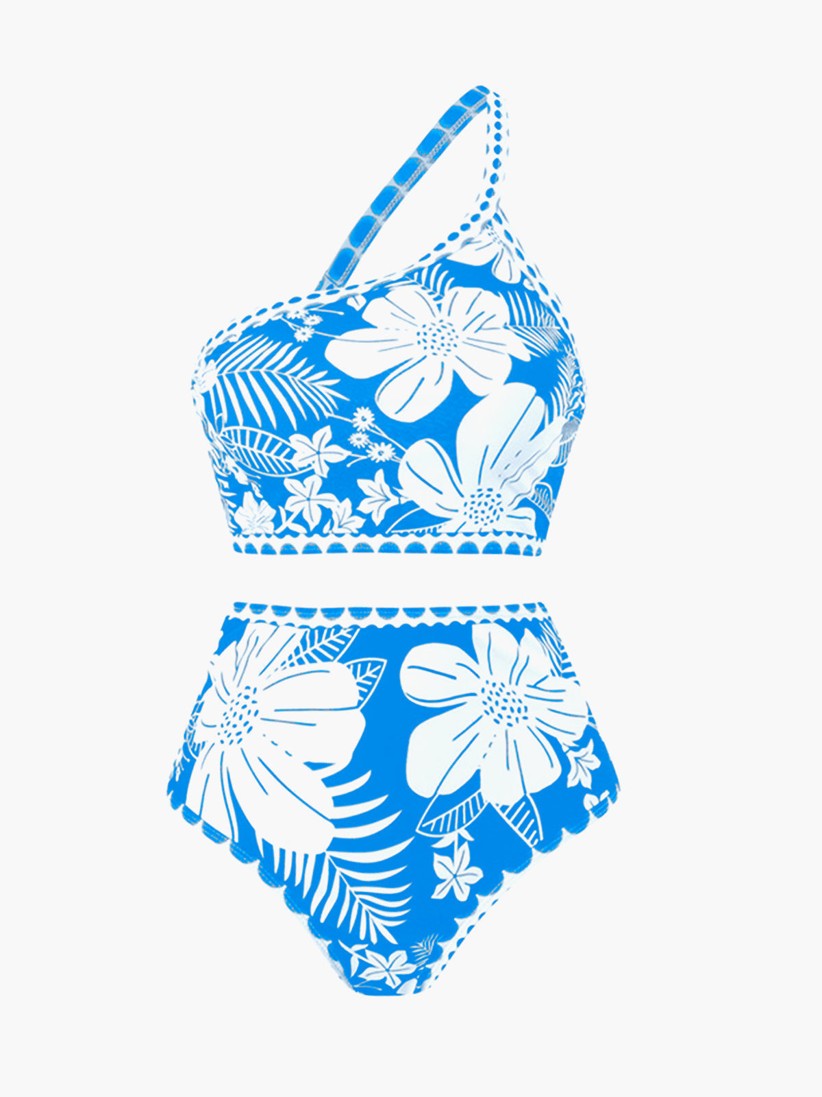 Deze trendy bikini combineert een elegante one shoulder top met een flatterende hoge taille slip, versierd met een prachtige bloemenprint.