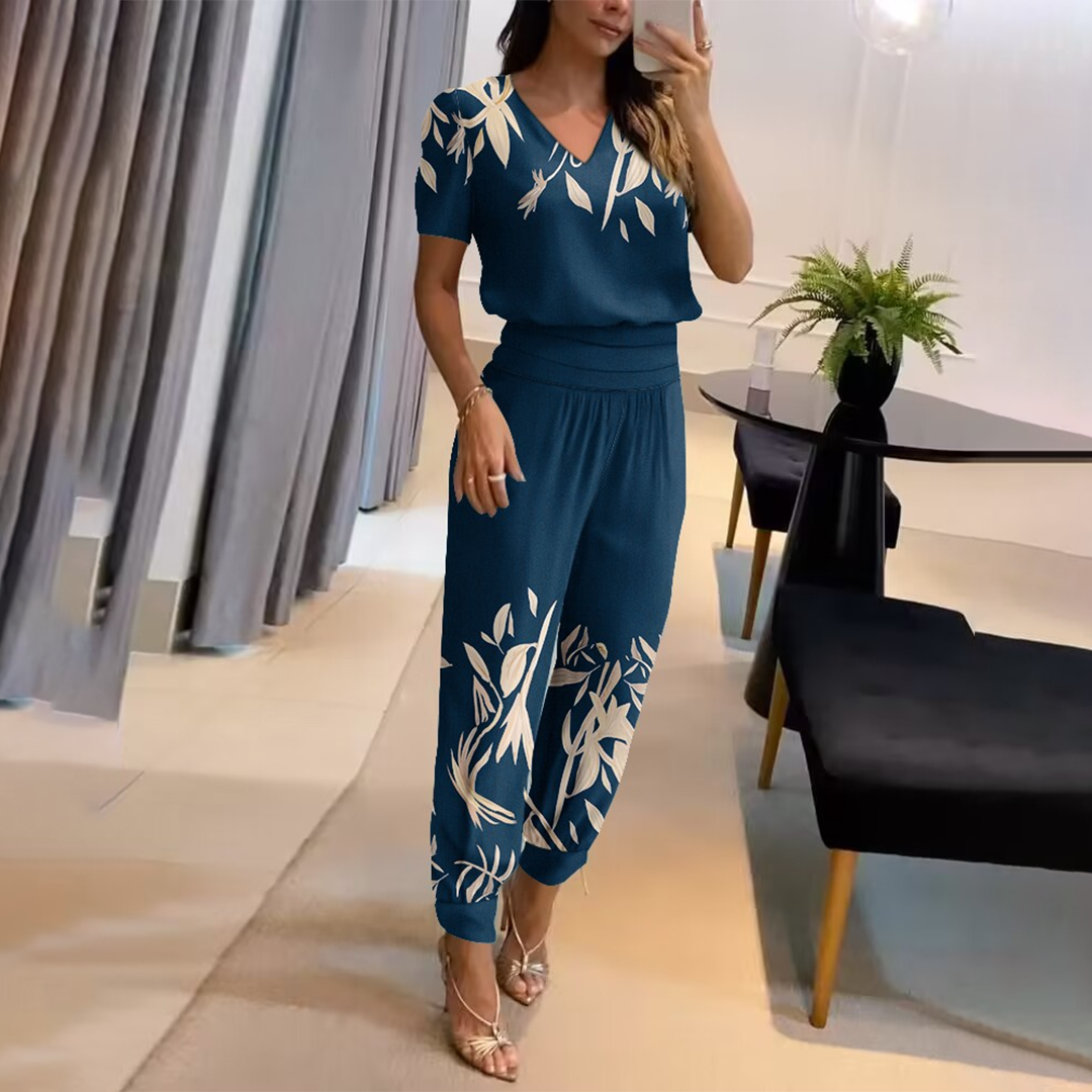 Model Draagt wijde jumpsuit/2-delige set met korte mouwen dames Comfortabel dameskleding blauw