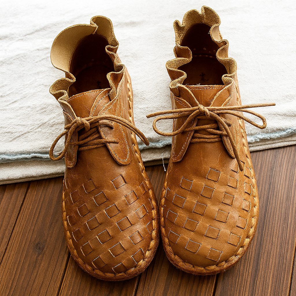 Retro Mori Girl-stijl met artistieke flair, handgemaakte platte schoenen van koeienhuid