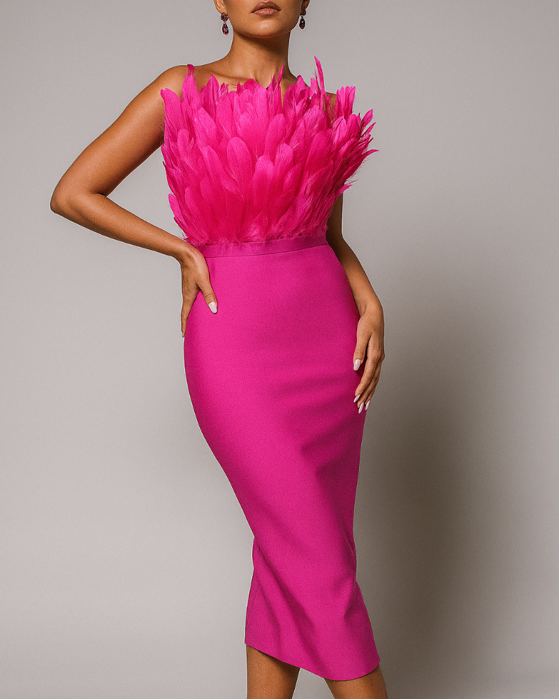 Strapless midi-jurk voor dames met verenversiering