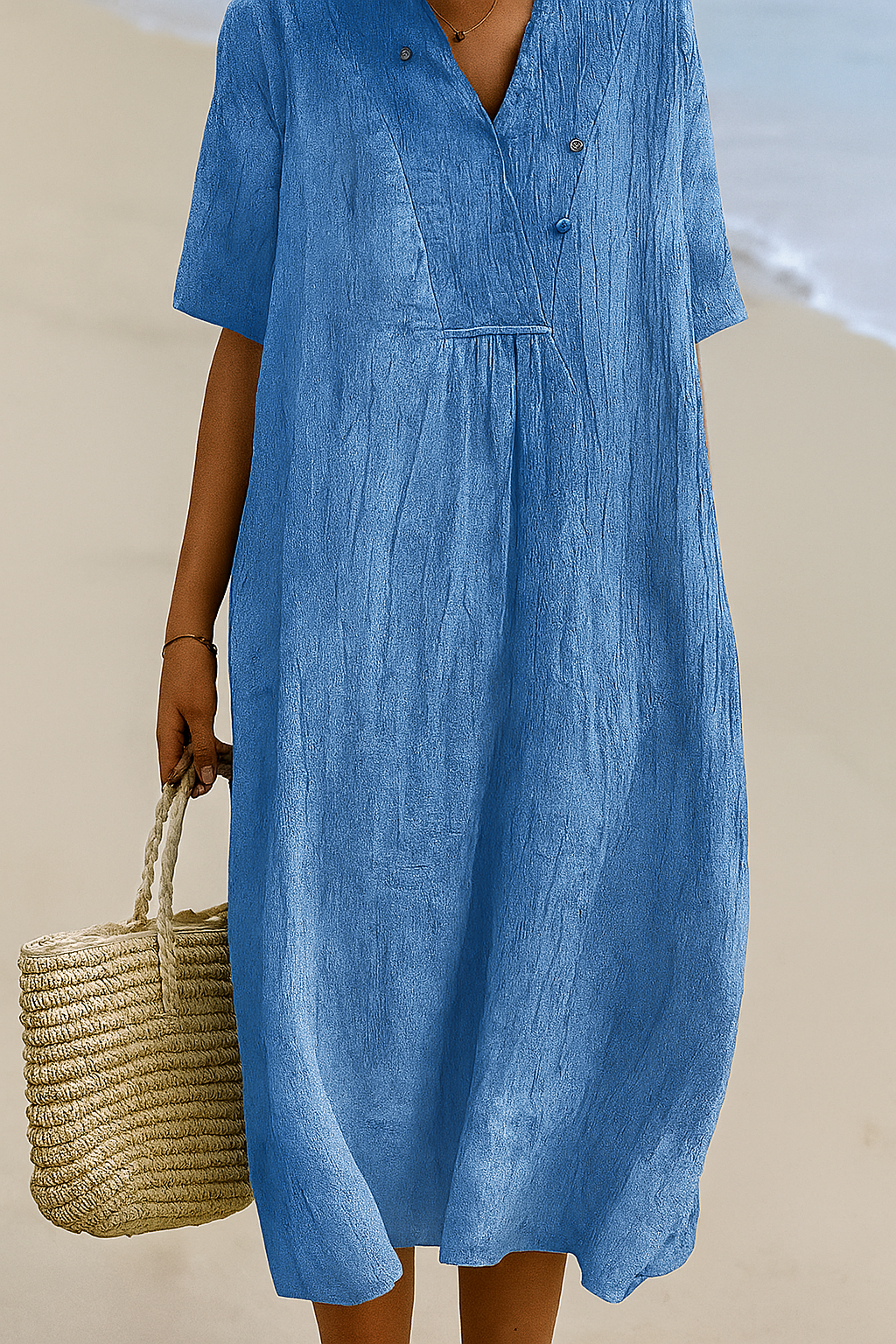 Ontspannen strandjurk met V-hals en korte mouwen