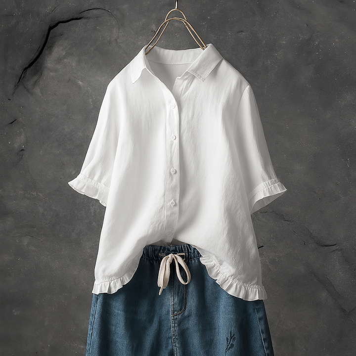 Katoenen blouse met knoopsluiting en gerimpelde zoom