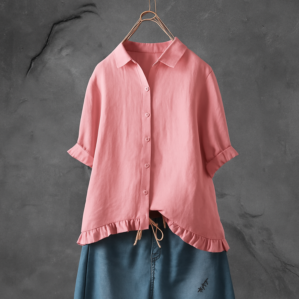 Katoenen blouse met knoopsluiting en gerimpelde zoom
