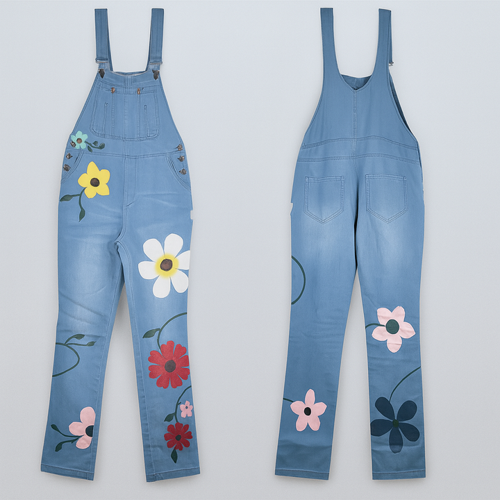 Dames denim jumpsuit met bloemenprint